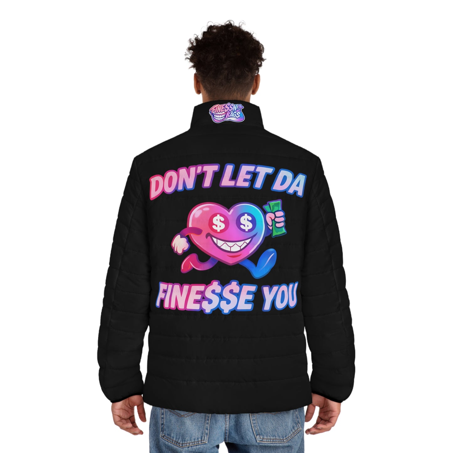 Finessin Bags Men’s Black, Pink, & Blue Puffer Jacket V-DAY EDITION