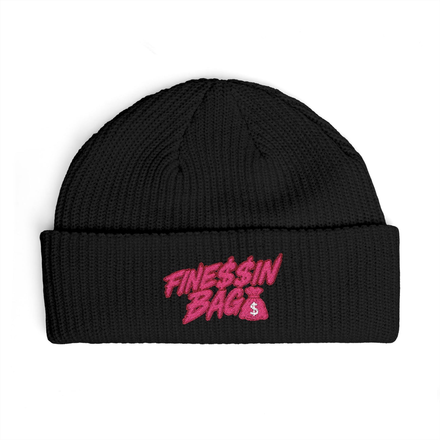 Cuff Beanie — Pink Graffiti Logo Black Knit Hat