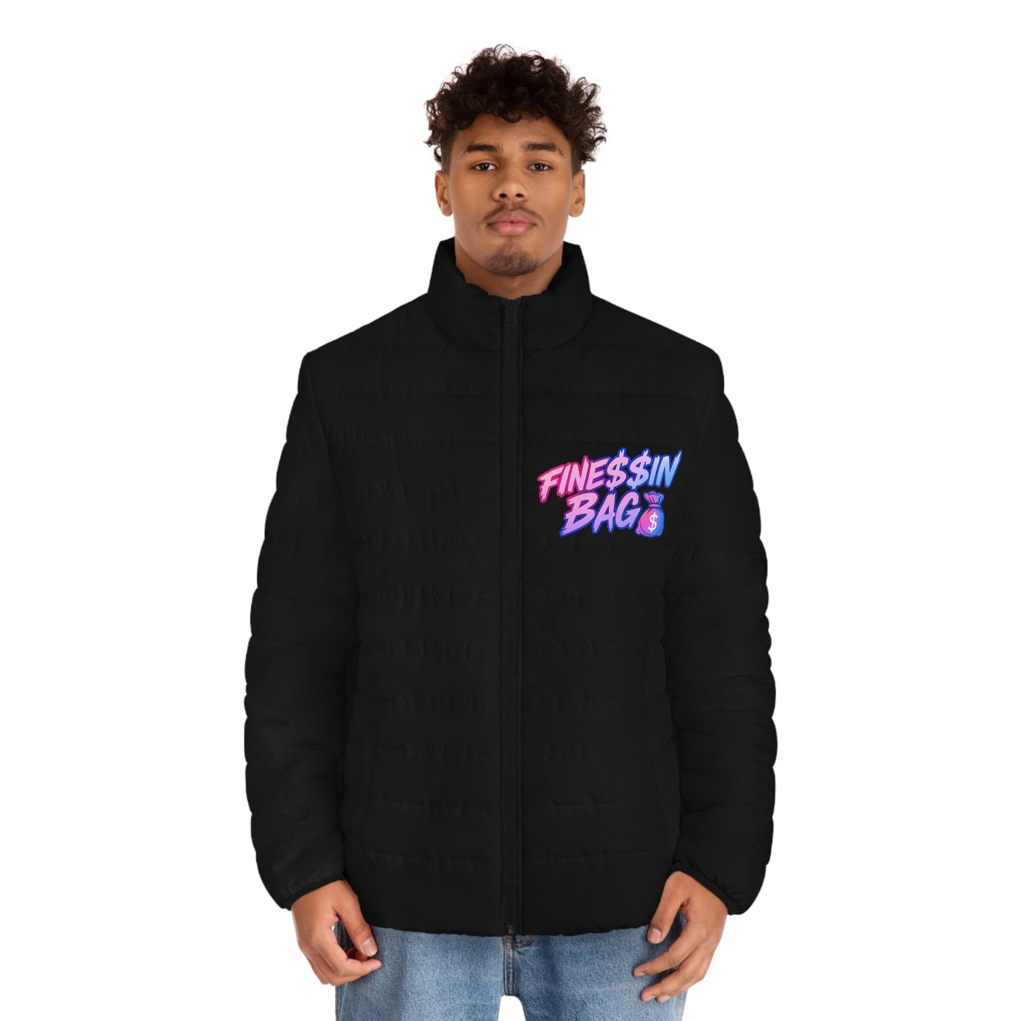 Finessin Bags Men’s Black, Pink, & Blue Puffer Jacket V-DAY EDITION